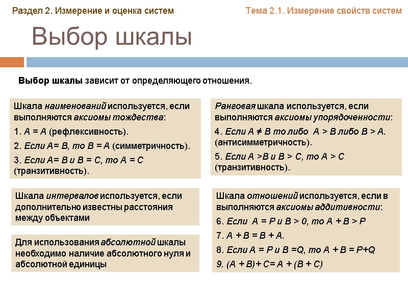 Выбор шкалы Выбор шкалы зависит от определяющего отношения.  Шкала наименований используется, если выполняются